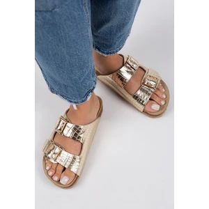 Croco Kadın Hakiki Deri Çift Tokalı Crocodile Gold Terlik