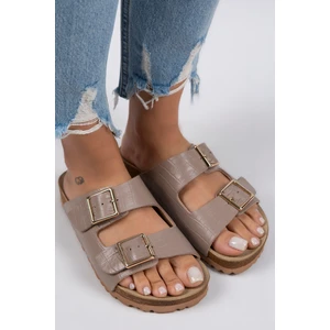 Croco Kadın Hakiki Deri Çift Tokalı Crocodile Vizon Terlik