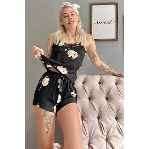 Pijama Evi Krem Çiçek Pegasus Dantel Detaylı Ip Askı Şortlu Örme Pijama Takımı