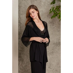 Pierre Cardin 2820 Kadın Penye Dantelli Sabahlıklı Pijama Takım-Siyah