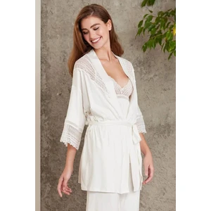 Pierre Cardin 2820 Kadın Penye Dantelli Sabahlıklı Pijama Takım-Ekru