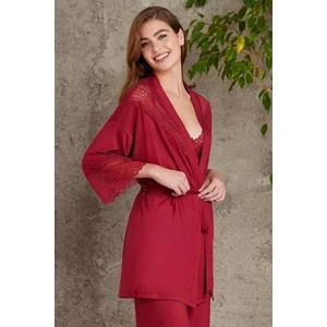 Pierre Cardin 2820 Kadın Penye Dantelli Sabahlıklı Pijama Takım-Bordo