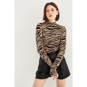 Kadın Camel Zebra Desenli Body