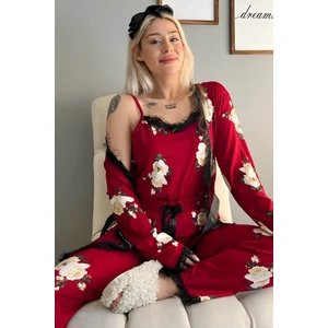 Pijama Evi Bordo Çiçek Desenli Sabahlıklı Pegasus Pijama Takımı