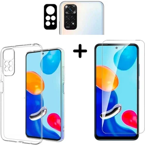Xiaomi Redmi Note 11S ile Uyumlu Kılıf Şeffaf Temperli Kırılmaz Cam Ekran ve Kamera Lens Koruyucu Seti