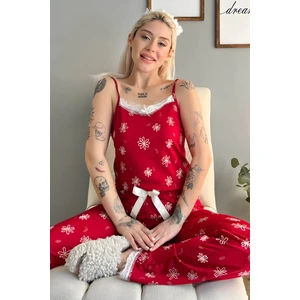 Pijama Evi Kırmızı Papatya Dantelli Ip Askılı Örme Kadın Pijama Takımı