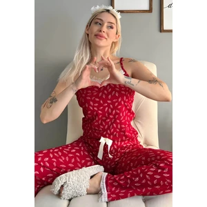 Pijama Evi Kırmızı Yaprak Dantelli Ip Askılı Örme Kadın Pijama Takımı