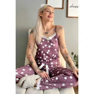Pijama Evi Mor Benek Papatya Dantelli Ip Askılı Örme Kadın Pijama Takımı