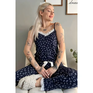 Pijama Evi Lacivert Yaprak Dantelli Ip Askılı Örme Kadın Pijama Takımı