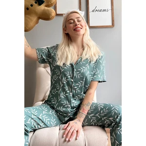 Pijama Evi Yeşil Zeytin Dalı Desenli Örme Önden Düğmeli Kısa Kol Kadın Pijama