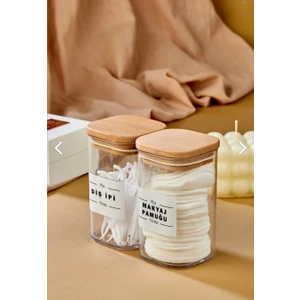 Fbz Home 2'li Dekoratif Ahşap Kapaklı Akrilik 250 ml Dekoratif Diş Ipi & Makyaj Pamuğu