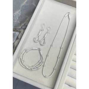 Gümüş Kazaziye Gümüş Rengi Dorika  Üçlü Set- Kolye, Küpe ve Bileklik