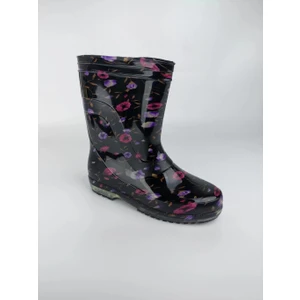 Kadın Çiçekli Mor Renk Yağmur Çizmesi Silikon Malzemeden 3 cm Topuklu Kışlık Kullanım