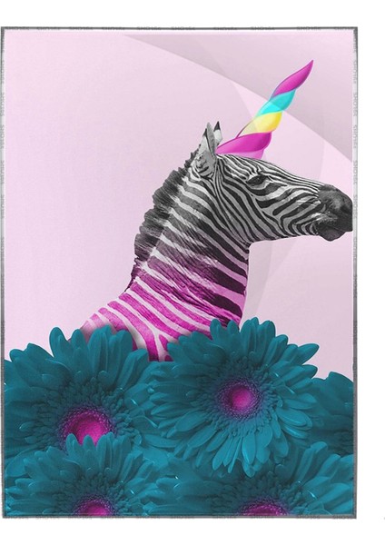 Pembe Düşler Mavi Çiçekler ve Tek Boynuzlu Zebra Poster P-000145