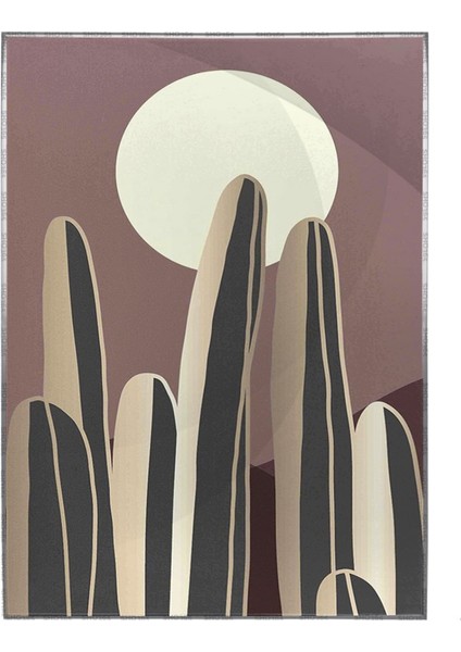 Çölde Ay Manzarası Kaktüs Illüstrasyon Kahve Tonlar Modern Poster P-002509