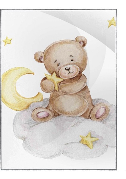 Bulutların Üzerinde Elinde Yıldızla Sevimli Ayıcık Çocuk Illüstrasyon Poster P-002957