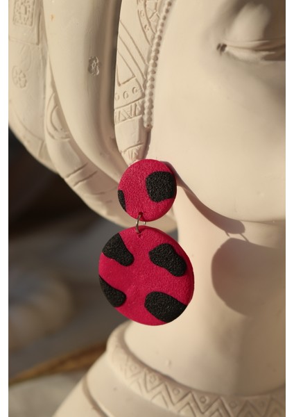 Polimer Kil El Yapımı Ultra Hafif Leopar Küpe Pembe Leopar