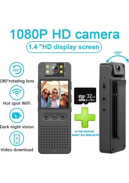 Ucuzcu Market Hd 1080 Wifi Vücut Kamerası + 32GB Hafıza Kart Ile Birlikte (Gece Görüşlü Video ve Ses Kaydedici )