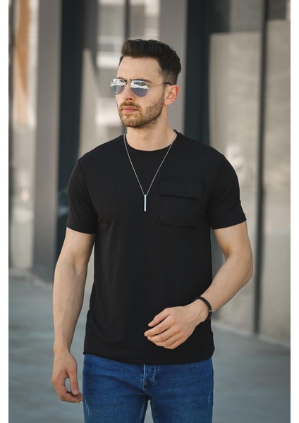 Mela Kolye Hediyeli Tek Cep Slim Fit Likralı Erkek Tshirt