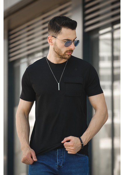 Mela Kolye Hediyeli Tek Cep Slim Fit Likralı Erkek Tshirt modelleri