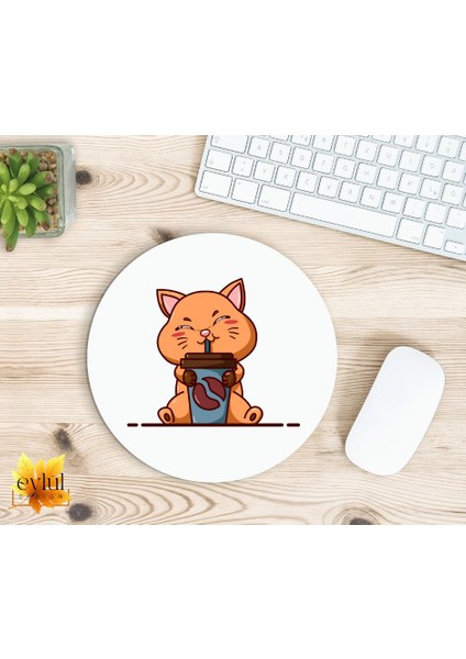 Kahve Içen Kedi Baskılı Özel Tasarım Yuvarlak Kaydırmaz Mousepad