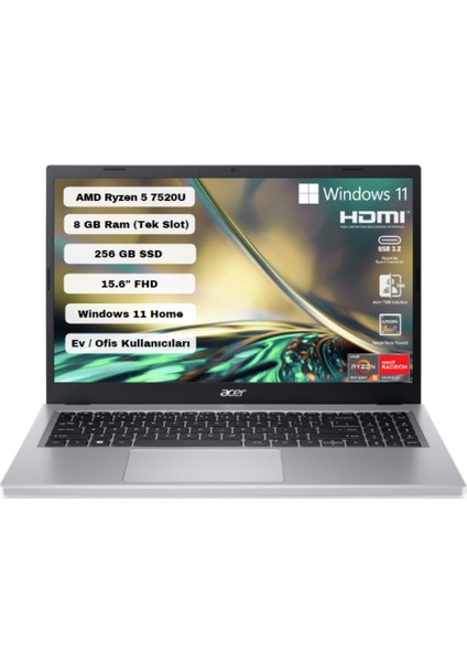 Aspire 3 A315-24P AMD Ryzen 5 7520U 8GB 256GB SSD Windows 11 15.6” FHD Taşınabilir Bilgisayar NX.KDEEY.003