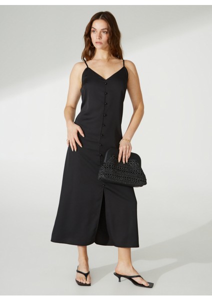 V Yaka Düz Siyah Maksi Kadın Elbise Apel