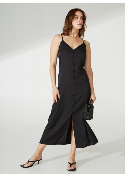 V Yaka Düz Siyah Maksi Kadın Elbise Apel fiyatları