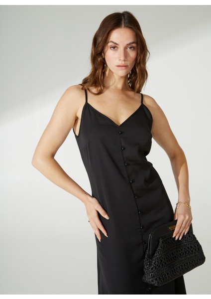 V Yaka Düz Siyah Maksi Kadın Elbise Apel modelleri