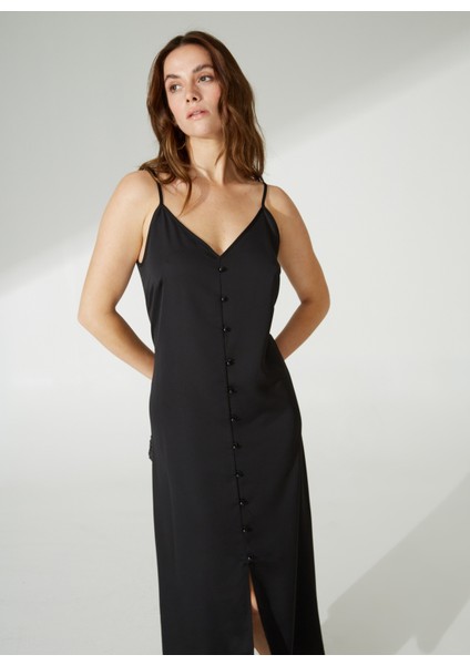 V Yaka Düz Siyah Maksi Kadın Elbise Apel fırsatları