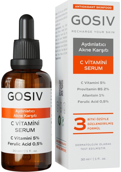 Aydınlatıcı ve Akne Karşıtı C Vitamini Serum 30 ml (C Vitamini 5% + Ferulic Acid 0,5%)