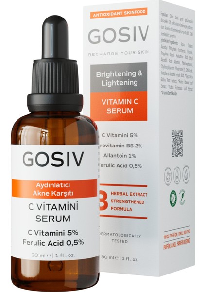 Aydınlatıcı ve Akne Karşıtı C Vitamini Serum 30 ml (C Vitamini 5% + Ferulic Acid 0,5%)