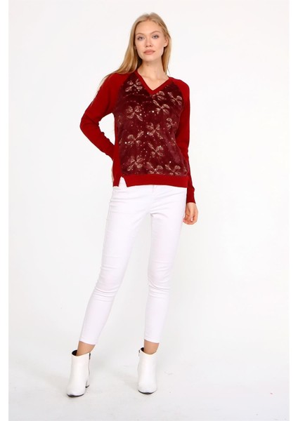 Kadın Peluş Nakışlı Triko Bordo fiyatları