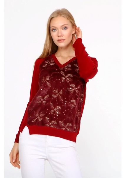 Kadın Peluş Nakışlı Triko Bordo modelleri