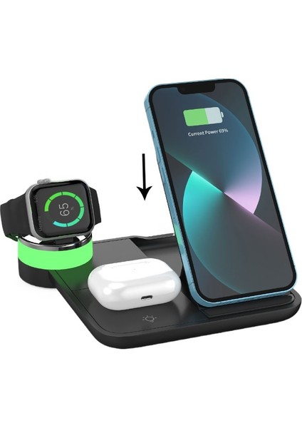 100W Hızlı Kablosuz Şarj Standı 4'ü 1 Arada Katlanabilir Şarj Yuvası Istasyonu iPhone 14 13 12 11PRO Max Iwatch 8 7 Apple Kulaklık Için 8 Işık (Yurt Dışından)