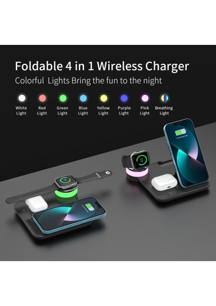 100W Hızlı Kablosuz Şarj Standı 4'ü 1 Arada Katlanabilir Şarj Yuvası Istasyonu iPhone 14 13 12 11PRO Max Iwatch 8 7 Apple Kulaklık Için 8 Işık (Yurt Dışından) fiyatları