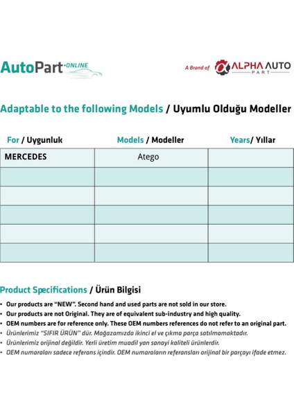 Alpha Auto Part Mercedes Atego Için Plastik Tamir Parçası