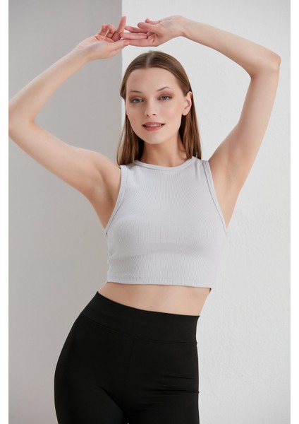 Gri Crop Bel Üstü Bayan Kaşkorse Bluz