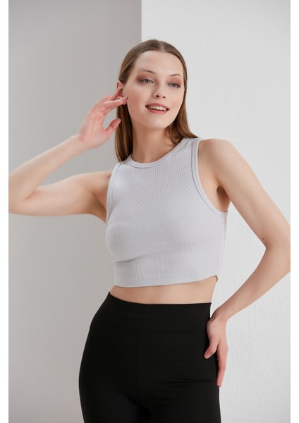 Gri Crop Bel Üstü Bayan Kaşkorse Bluz modelleri