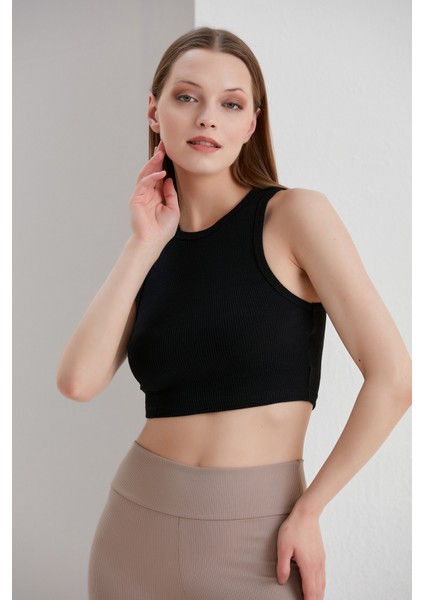 Siyah Crop Bel Üstü Bayan Bluz