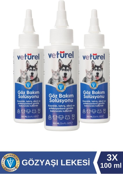 Göz Bakım Solüsyonu 3x100ml Köpek Göz Kedi Göz Temizleme Gözyaşı Lekesi