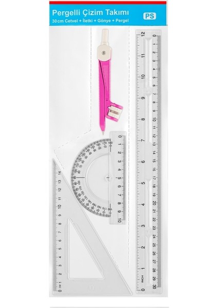 Pergelli Çizim Seti 30CM Cetvel + Gönye + Iletki