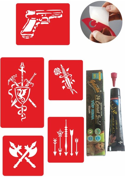 Savaş Aletleri Desenleri Hint Kınası ile Geçici Dövme Yapma Seti