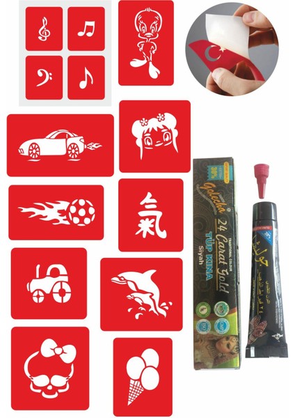 Çocuksu Tasarımlar Kınayla Geçici Dövme Kampanya Seti 1 Tüp Siyah Kına 10 Desen