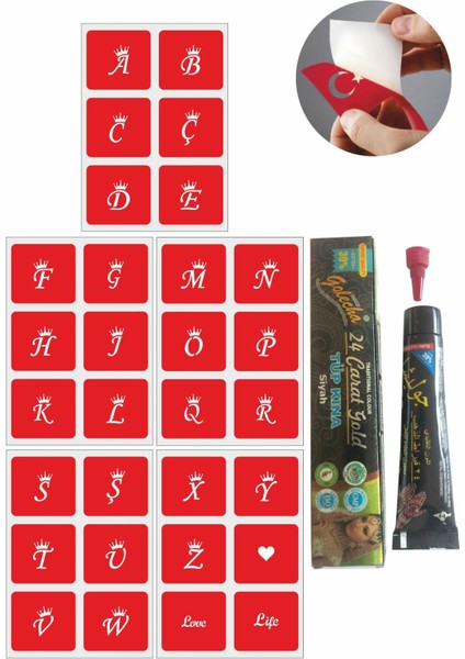 Taçlı Harfler Hint Kınası ile Geçici Dövme Yapma Seti