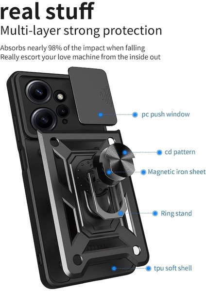 MTK Moveteck Xiaomi Redmi Note 12 4g Kılıf Kamera Korumalı Sürgülü Yüzüklü Armor Military Tank Zırh Case