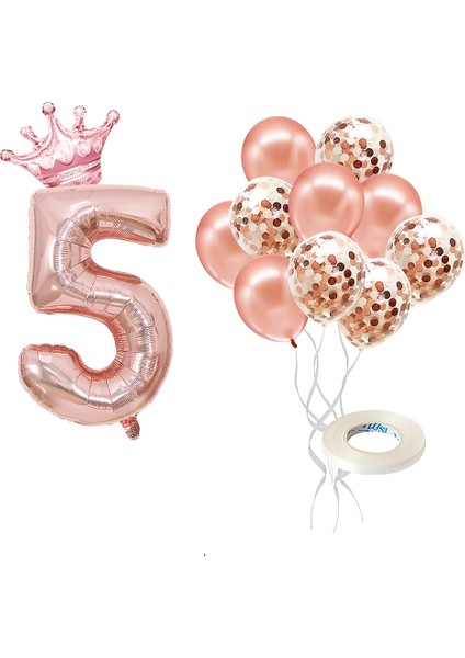 Rakam Rose Gold Folyo Balon, Kral Tacı ve Konfetili Rose Gold Balon