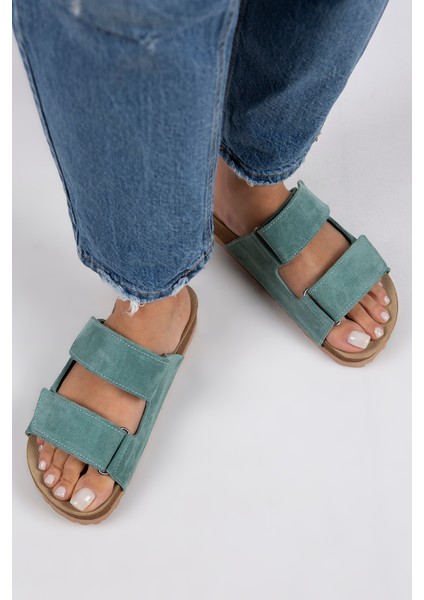 Vina Kadın Hakiki Deri Çift Cırtlı Mint Yeşili Terlik