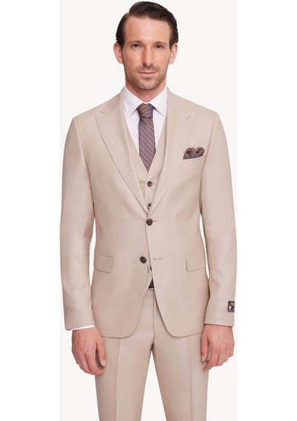 Erkek Krem Slim Fit Sivri Yaka Yelekli Takım Elbise