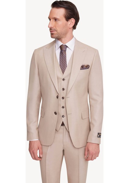 Erkek Krem Slim Fit Sivri Yaka Yelekli Takım Elbise